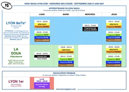Planning des cours de Krav Maga Lyon