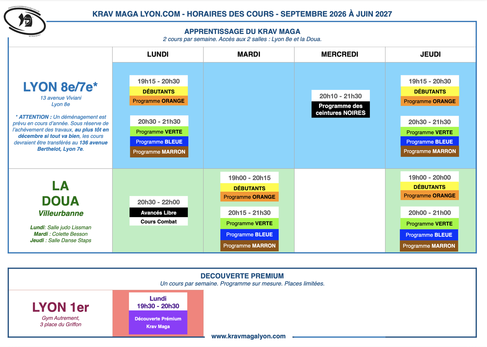 Planning des cours Krav Maga Lyon pour la saison 2026-2027